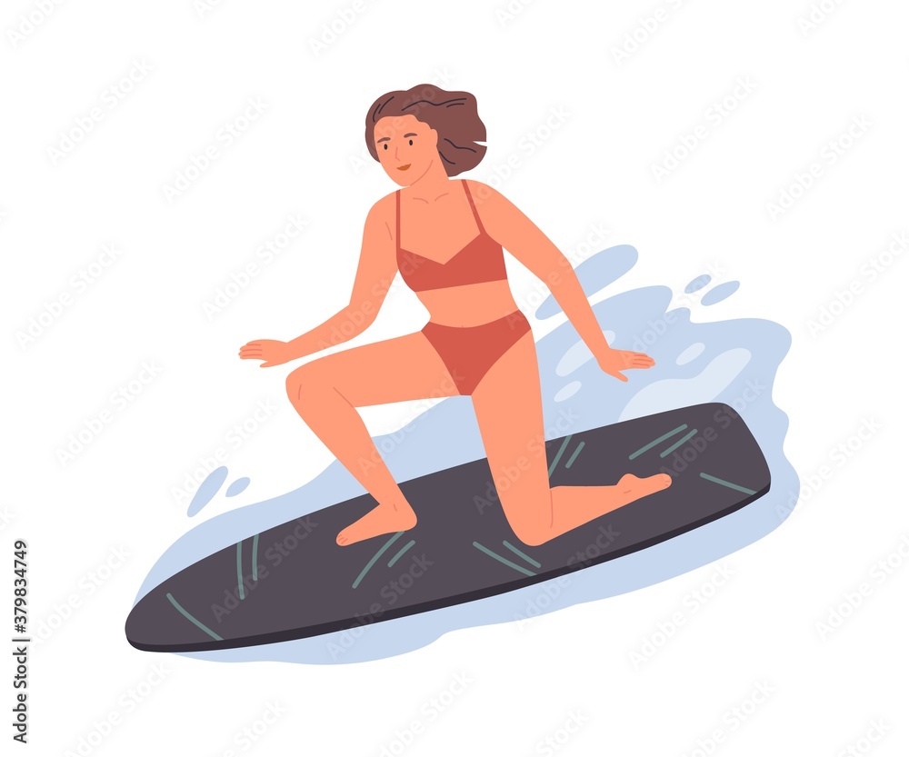 Sportswoman in swimsuit standing one knee on surfboard ride at wave vector flat illustration. Surfer female demonstrate trick enjoying seasonal extreme sports isolated. Woman at sea or ocean water