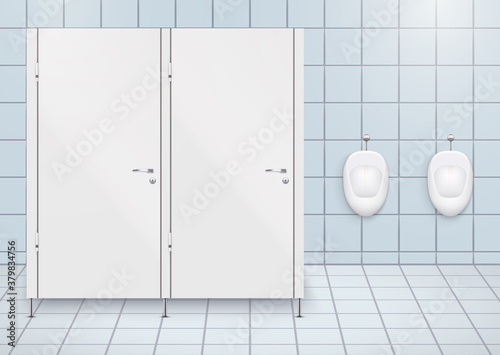 Toilet cubicle. WC restroom and porcelain urinals in row. Public Toilet Interior with ceramic urinals. Front view and wall mount. Vector Illustration