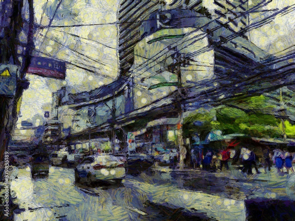 Landscape of Bangkok and its people Illustrations creates an impressionist style of painting.