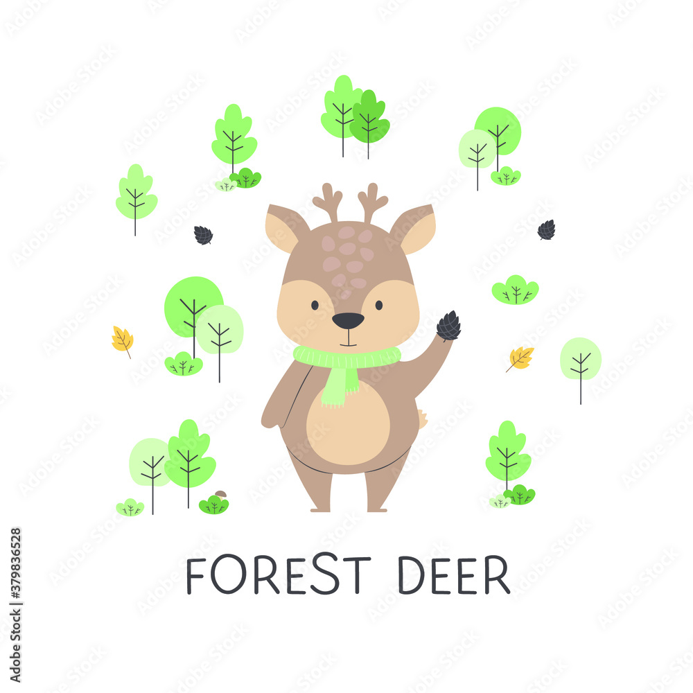 A cute forest deer among the trees, cones, bushes and leaves with the name  are created for children's textiles Stock Vector | Adobe Stock