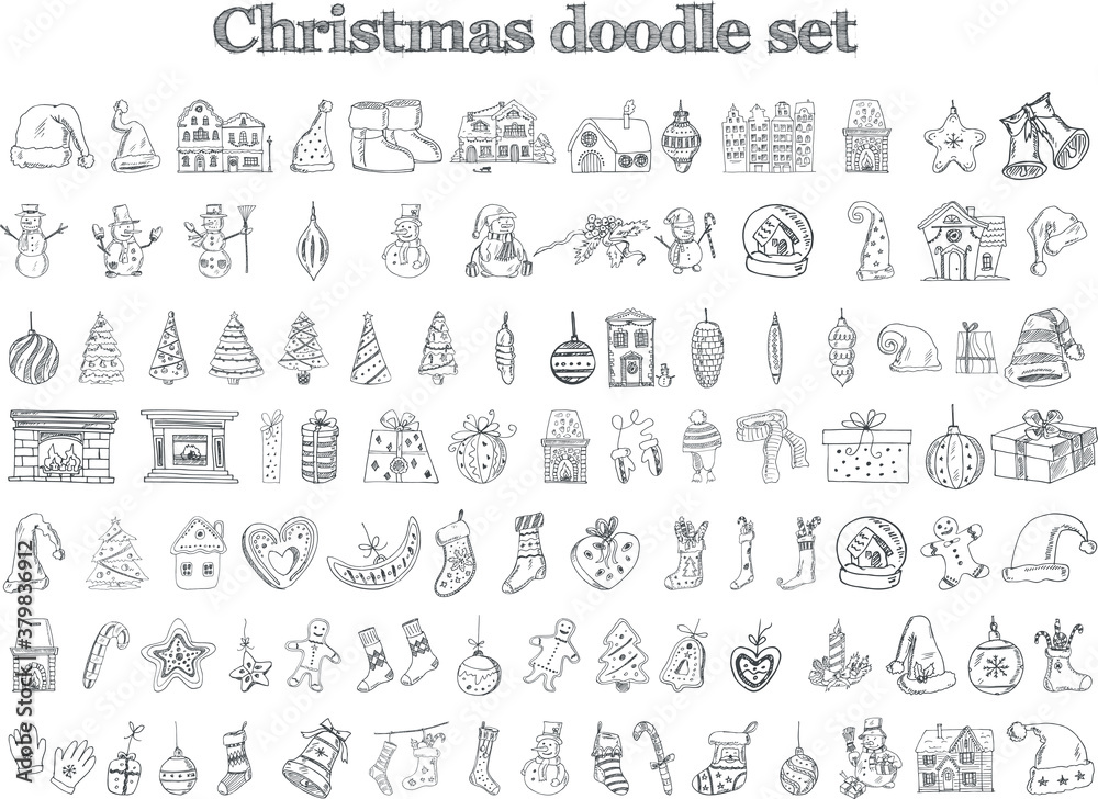 Christmas set of doodle icons Vector illustration on chalkboard. Vector illustration