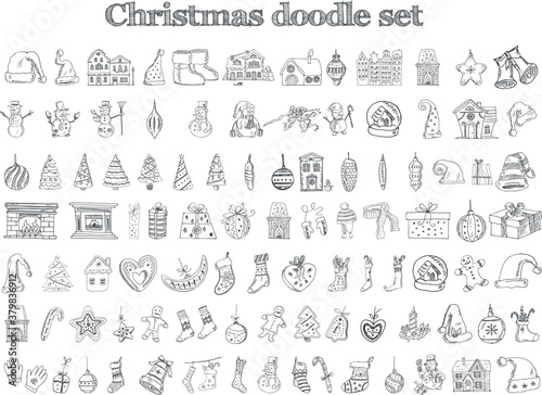 Christmas set of doodle icons Vector illustration on chalkboard. Vector illustration