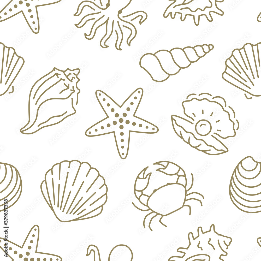 Seashell seamless pattern. Vector background included line icons as sea shells, scallop, starfish, clam, octopus, crab, nautical texture ocean life for fabric. White, gold color