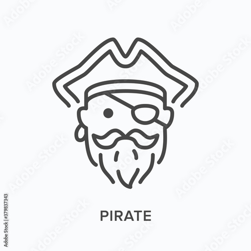 Pirate head flat line icon. Vector outline illustration of ship captain in hat with eye patch, mustache and beard. Sailor thin linear pictogram