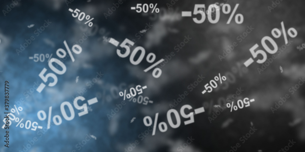 Abstract light blue and grey background with flying -50% discount symbols Abstract light blue and grey background with flying -50% discount symbols