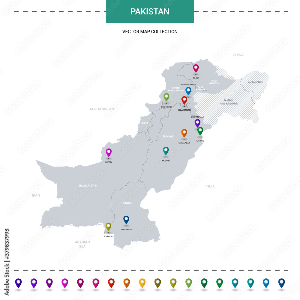Pakistan map with location pointer marks. Infographic vector template, isolated on white background.