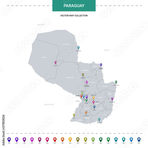Paraguay map with location pointer marks. Infographic vector template, isolated on white background.