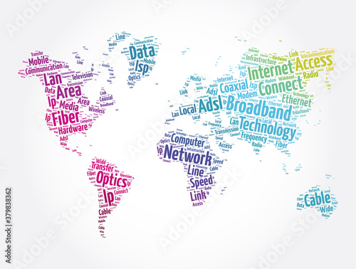 Broadband word cloud in shape of world map, technology concept background