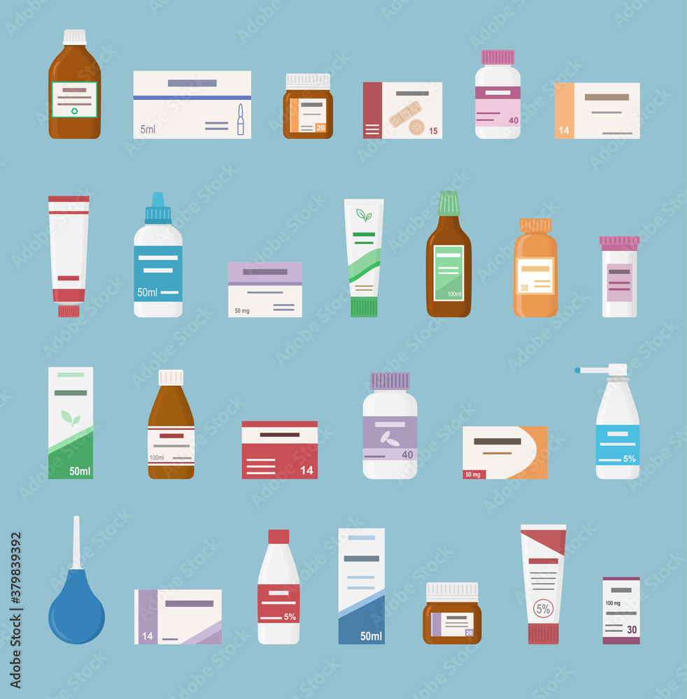 Set of tablets, sprays and bottles for illness and pain treatment. Isolated on blue background. Concept of pharmaceutics and medication. Vector illustration. Set of tablets, sprays and bottles for illness and pain treatment. Isolated on blue background. Concept of pharmaceutics and medication. Vector illustration.