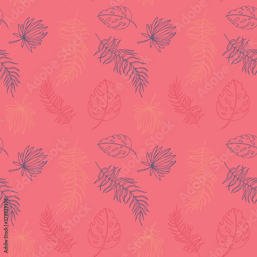 Wallpaper Mural Seamless pattern with tropical leaves of palm, monstera on a pink background. Tropical background for printing on fabric and paper Torontodigital.ca
