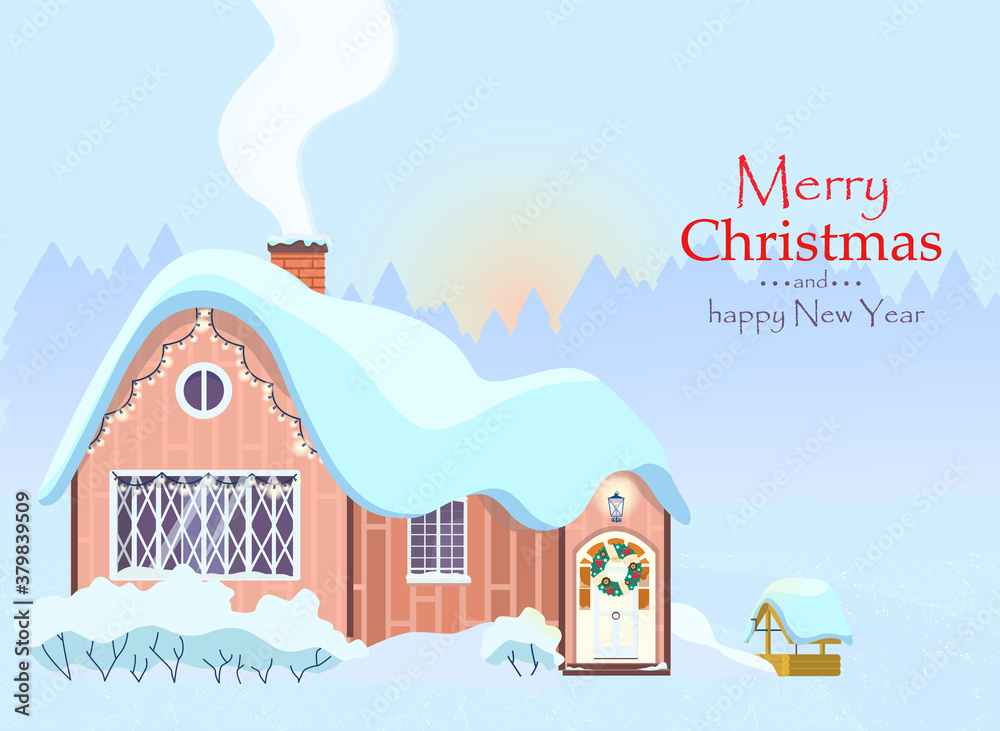 Christmas greeting card. Winter morning landscape with cozy countrysouse decorated with Christmas wreath and garlands. Wooden well and snowy bushes near house.
