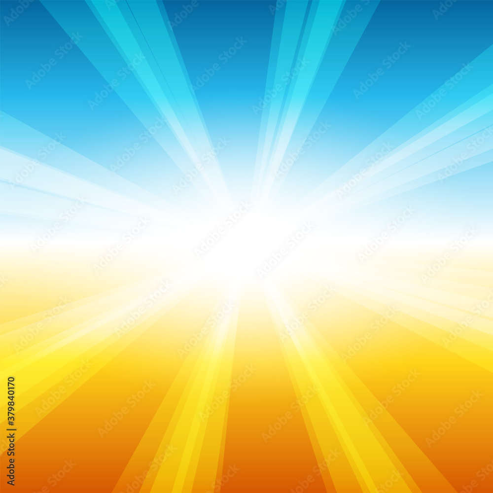 summer sun light burst blue, yellow and orange background.