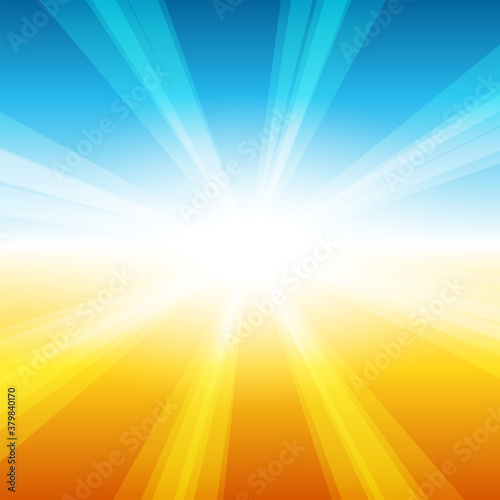 summer sun light burst blue, yellow and orange background.
