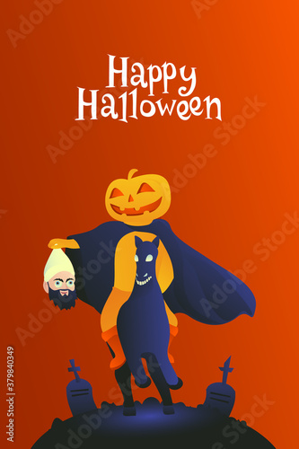 A pumpkin knight with a cloak on a horse gallops fast. The pumpkin holds the gnome's head by the cap. Invitation to halloween party. Happy Halloween!