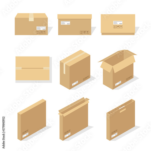 Cardboard boxes or packaging paper and shipping box. carton parcels and delivery packages pile, flat warehouse goods and cargo transportation. vector design illustration.
