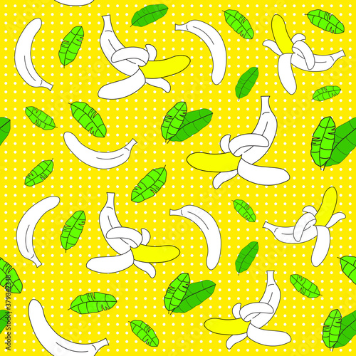 Seamless Pop Art of yellow bananas randomly distributed on a yellow background. Cartoon retro pattern for textile, magazine covers. Vector illustration. 