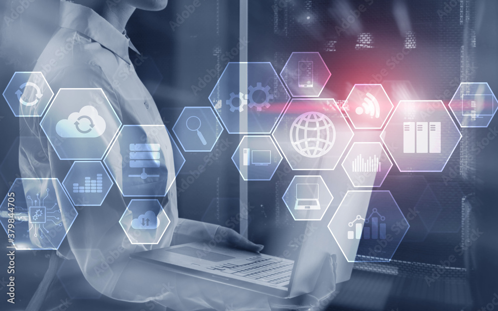 Fototapeta premium Double Exposure Diagrams and icons on hologram screen. Business people and data center background.