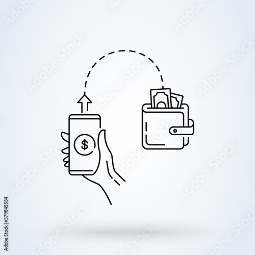 Send money low-cost sign line icon or logo. Online money transfer concept. holding in hand phone. sending money from credit card vector linear illustration.