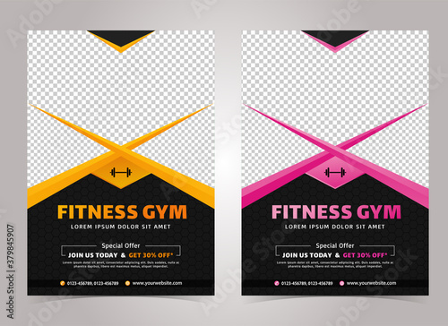 Yellow and Pink color Fitness body building and gym flyer A4 size template with Black Background