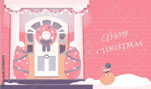 Vector illustration of house entrance decorated with christmas wearth  trees and garland. Cozy winter exterior with snow falling.