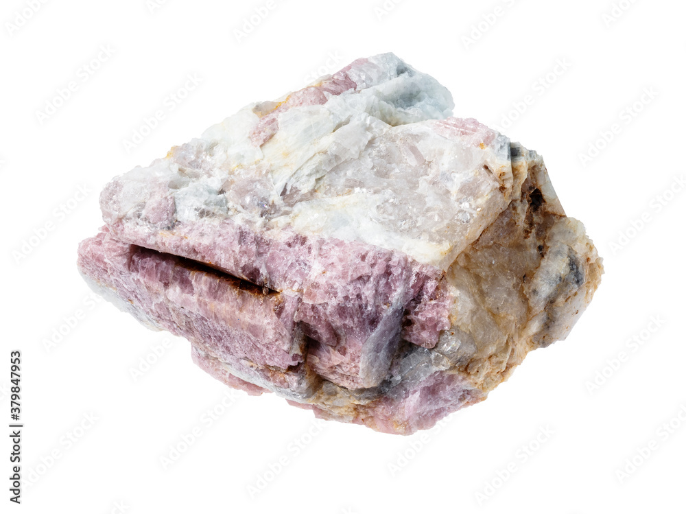 unpolished pink Tourmaline mineral in feldspar and quartz rock cutout on white background unpolished pink Tourmaline mineral in feldspar and quartz rock cutout on white background
