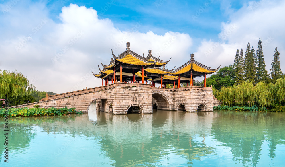 Fototapeta premium Landscape of classical architecture in thin West Lake, Yangzhou, China