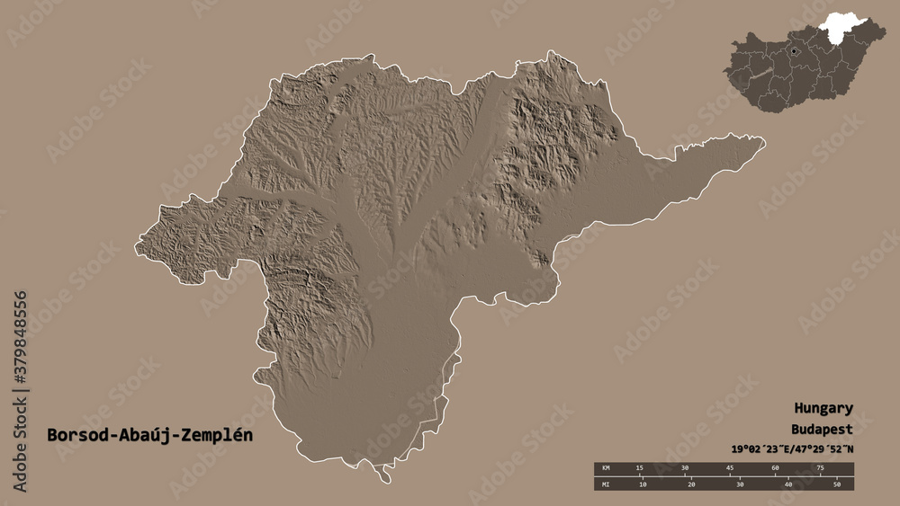 Borsod-Abauj-Zemplen, county of Hungary, zoomed. Administrative