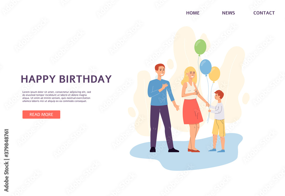Web banner with Happy Birthday text and family, flat vector illustration.