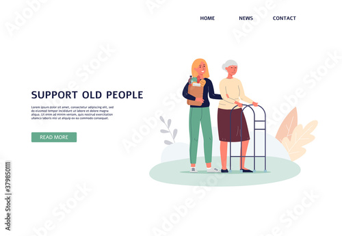 Old people care and support web banner with characters, flat vector illustration.