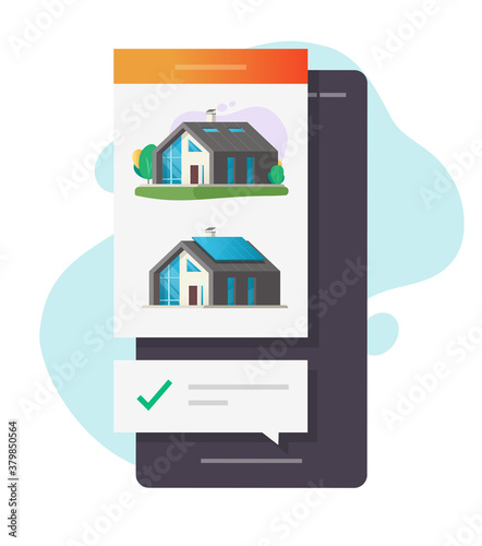 House buy or home rental web app with online choosing check mark notice on mobile phone vector flat cartoon, rent apartment or real estate agency application on smartphone, cellphone digital sell