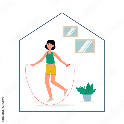 Home sport exercise banner with skipping woman, vector illustration isolated.