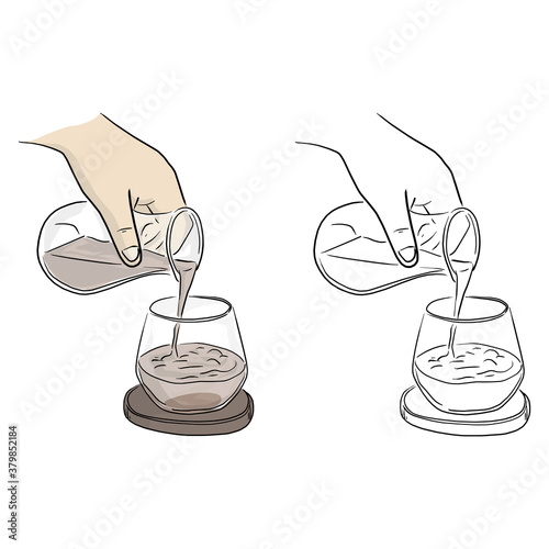 close-up left hand pouring water on glass vector illustration sketch doodle hand drawn with black lines isolated on white background