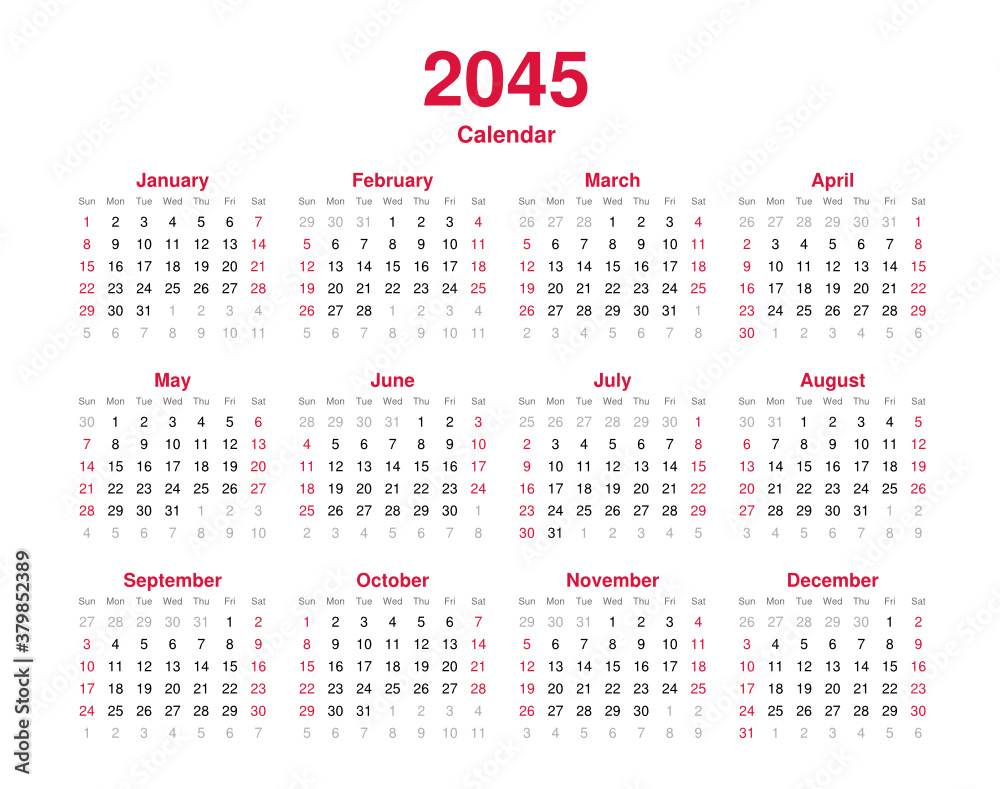 Calendar 2045 - 12 months yearly vector calendar - calendar planner template svg format