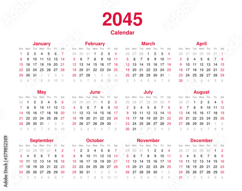 Calendar 2045 - 12 months yearly vector calendar - calendar planner template svg format