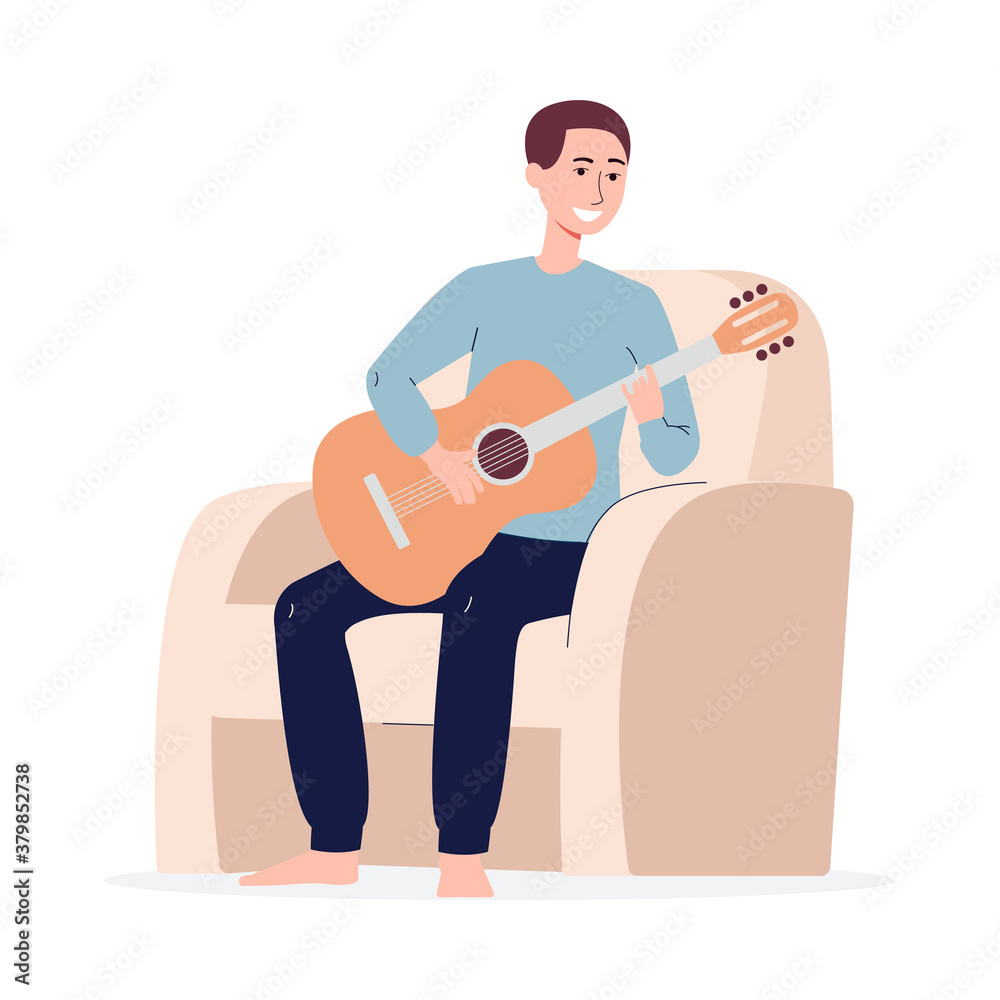 Man playing guitar and relaxing at home, flat vector illustration isolated.
