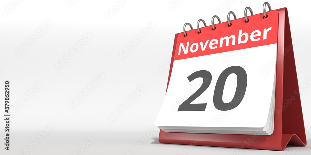 November 20 date on the flip calendar page, 3d rendering November 20 date on the flip calendar page, 3d rendering