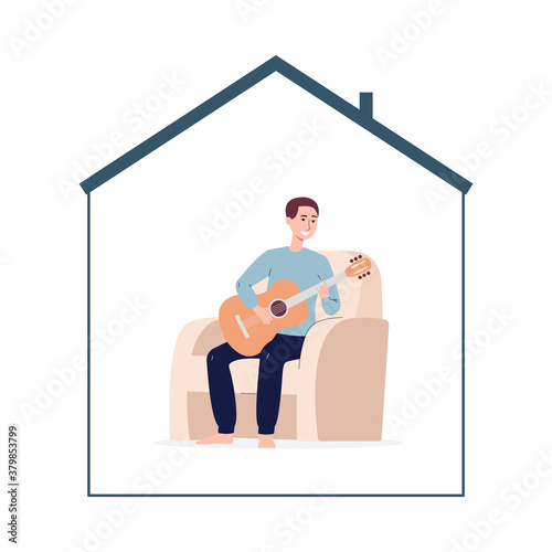 Illustration of a man who makes music and stays at home.