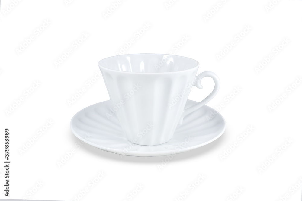White cup and saucer for coffee or tea. Isolated on white background. Close-up.