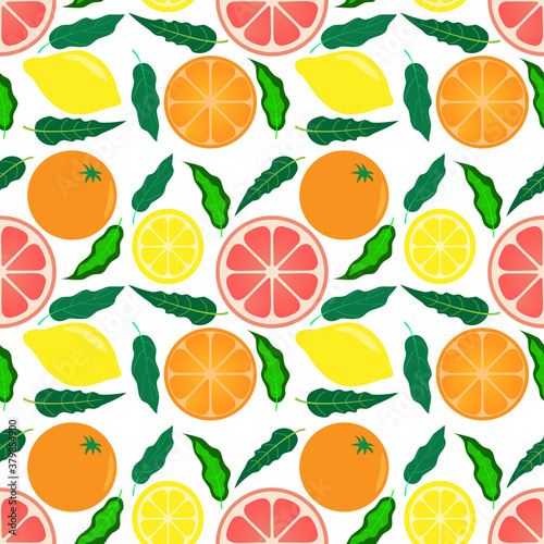 Cute seamless pattern with fresh citrus fruits on white background. Lemon, orange, grapefruit in leaves. Lemonade ingredients for fabric, drawing labels, print on t-shirt, wallpaper etc.