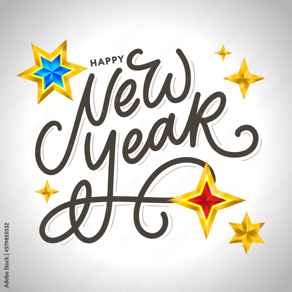 Happy New Year 2020. Lettering Composition With Stars And Sparkles. Holiday Vector Illustration frame