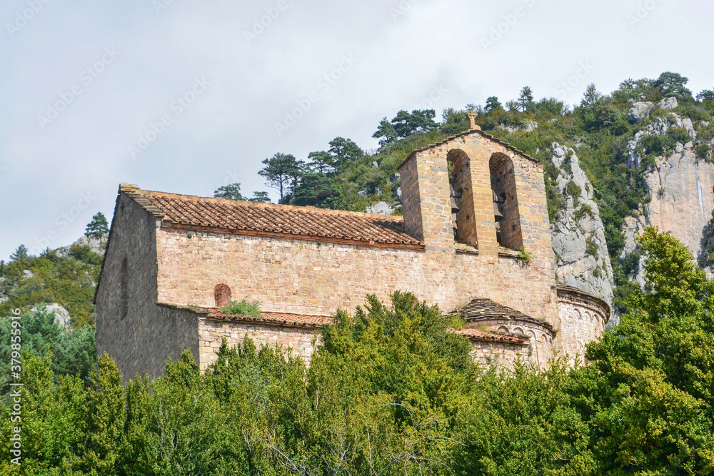 SANCTUARY DE SANT PERE DE MONTGRONY, CATALONIA, EUROPE 2020. The Romanesque church of Sant Pere de Montgrony has views of Montseny and Pedraforca. It is located in the Ripolles region