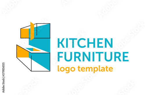 Custom kitchen cabinet furniture logo  template - creative perspective fasade form of worktop - isolated vector emblem