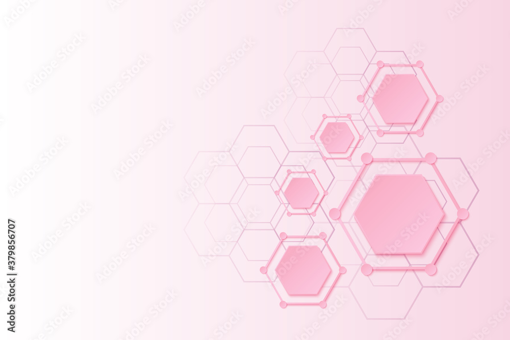 Abstract geometric vector illustration, pink  hexagon paper cut on light pink gradient background with copy space, paper art style 
