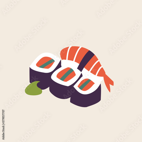 Vector icon set of sushi and sashimi with vasabi. Asian food sushi.