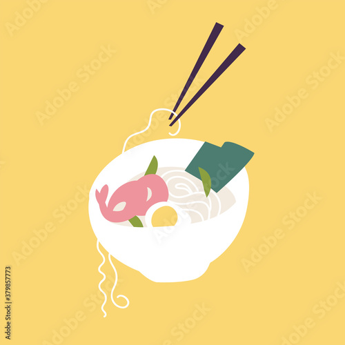 Vector illustration of asian noodles dish with shrimps and egg, seaweed.