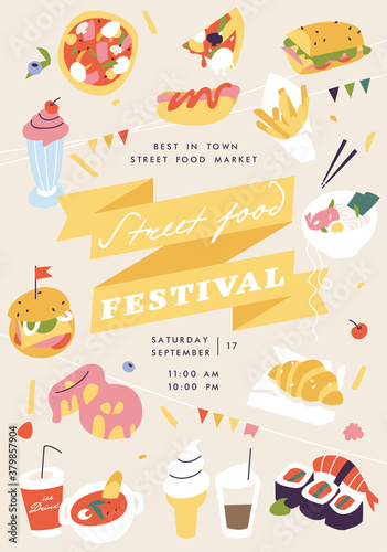 Vector illustration street food festival vertical poster or banner. Compostion with junk food or fast food.