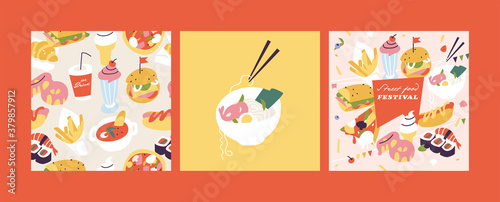Vector illustration street food festival horizontal poster or banner. Compostion with junk food or fast food.