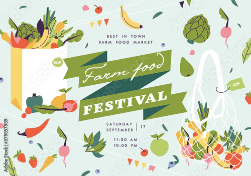 Vector illustration farm food festival horizontal poster or banner. Compostion with natural vegetables and organic fruits.