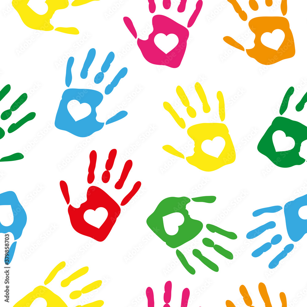 Fototapeta premium Seamless pattern with rainbow colored hand prints with white hearts on white background. Vector illustration.