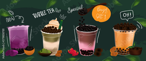 Bubble milk tea Special Promotions design, Boba milk tea, Pearl milk tea , Yummy drinks, coffees and soft drinks with logo and doodle style advertisement banner. Vector illustration.